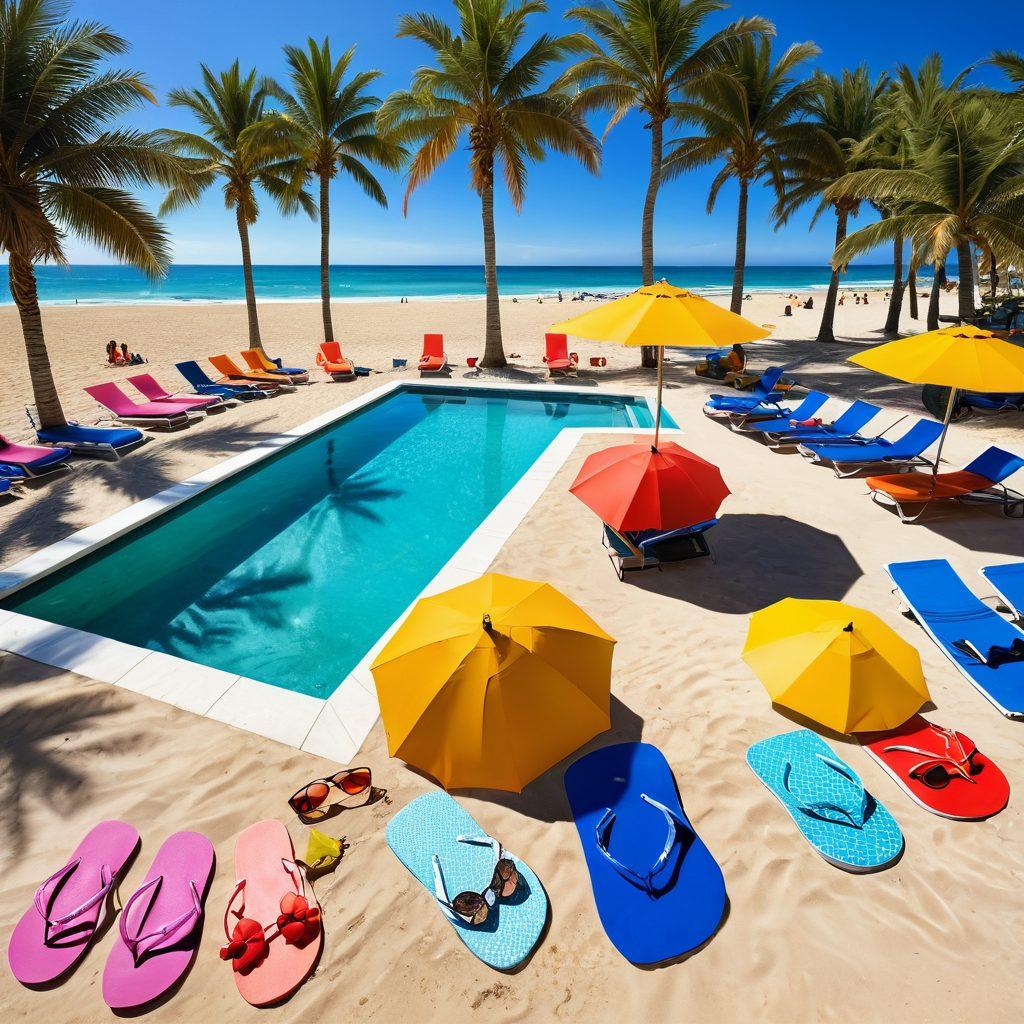 A sunny beach scene featuring a fashionable array of summer attire: colorful swimsuits, stylish beach hats, flip-flops, and oversized sunglasses spread out on a sandy area next to a sparkling pool. In the background, palm trees sway, and beachgoers relax under umbrellas. The atmosphere is vibrant and inviting, capturing the essence of summer fun. super-realistic. vibrant colors. bright blue sky.
